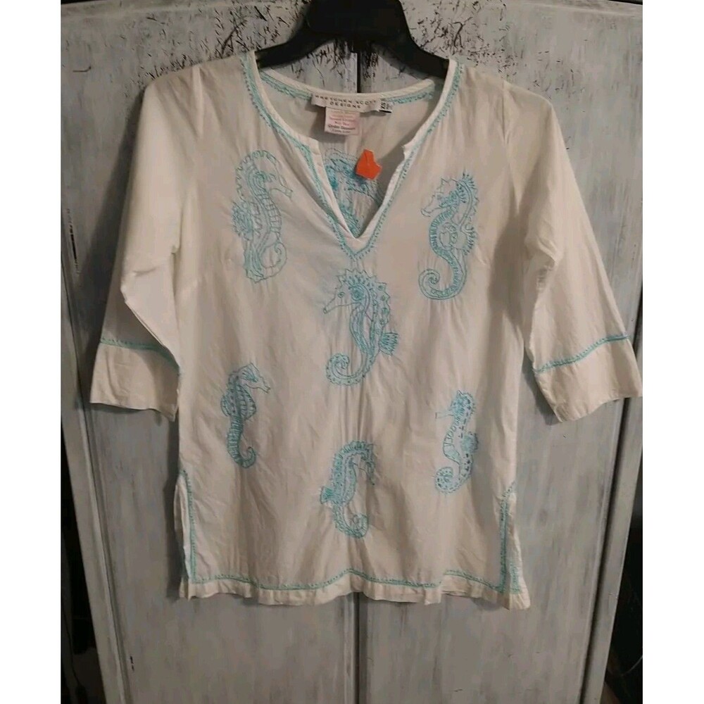 Gretchen Scott Designs Embroidered Seahorse Xs White & Blue 3/4 Sleeve Tunic